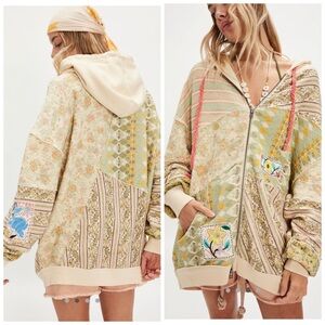 Free People Bali Avila Hoodie Floral Striped Patchwork Yellow Zip Up Hoodie Sz L